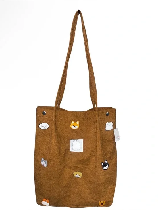 Hand Crafted Brown 9 Dog Pins Tote Bag - Casual Women's Shoulder Bag - Picture 3 of 17
